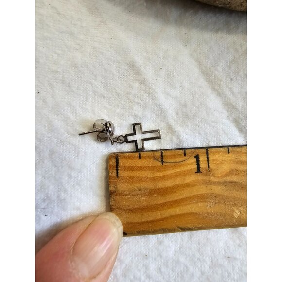 Tiny Short Dangle Outlined Silver Toned Earrings Cross Christian Casual Cute - Picture 3 of 9